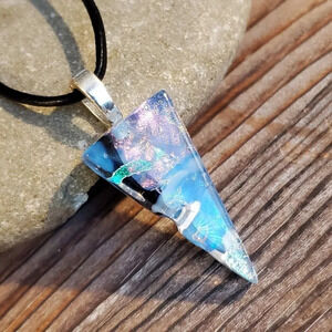 Dichroic Fused Art Glass Triangle Pink Blue Pendant Leather Necklace E *flaw*